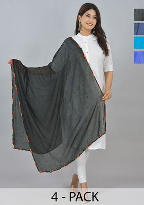 Blue Poly Blend Pack Of 4 White Dupattas