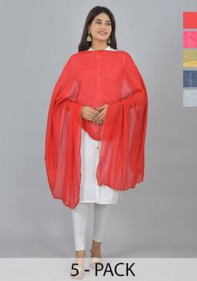 Blue Poly Blend Pack Of 5 White Dupattas