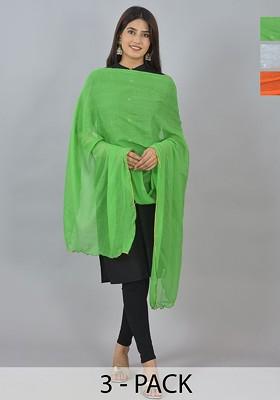 Green Poly Blend Pack Of 3 White Dupattas