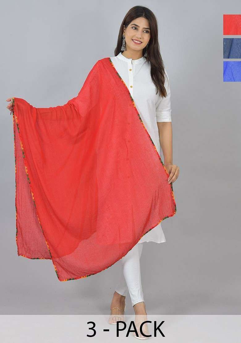 Red Poly Blend Pack Of 3 Whitetaping Border Dupatta - Indya
