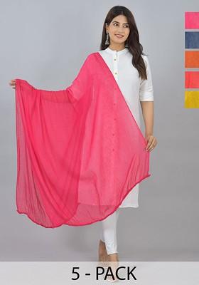 Yellow Poly Blend Pack Of 5 White Dupattas