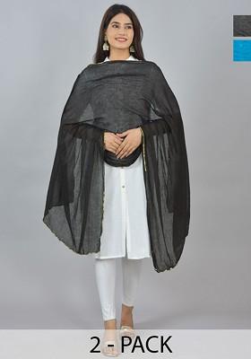 Black Poly Blend Pack Of 2 White Dupattas