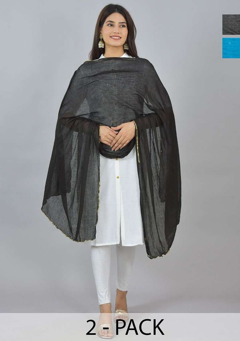 Black Poly Blend Pack Of 2 White Dupattas - Indya
