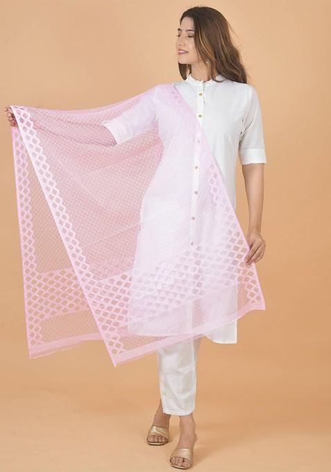 Pink Poly Blend Geometric Woven Design Dupatta