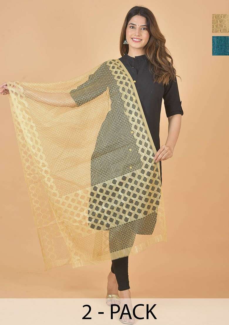 Gold Poly Blend Selection Of 2 Geometric Woven Design Dupattas - Indya
