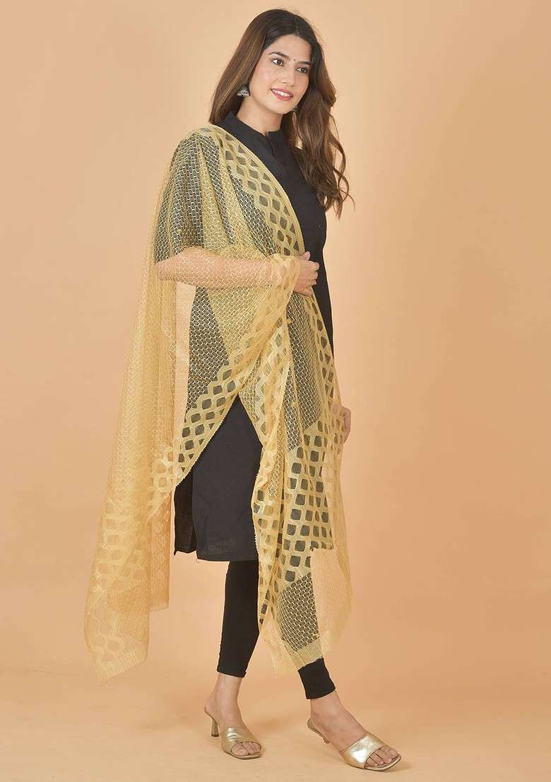 Gold Poly Blend Selection Of 2 Geometric Woven Design Dupattas - Indya