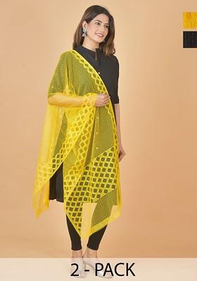 Yellow Poly Blend Selection Of 2 Geometric Woven Design Dupattas
