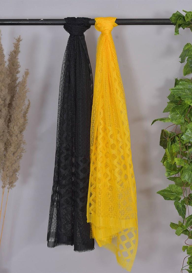 Yellow Poly Blend Selection Of 2 Geometric Woven Design Dupattas