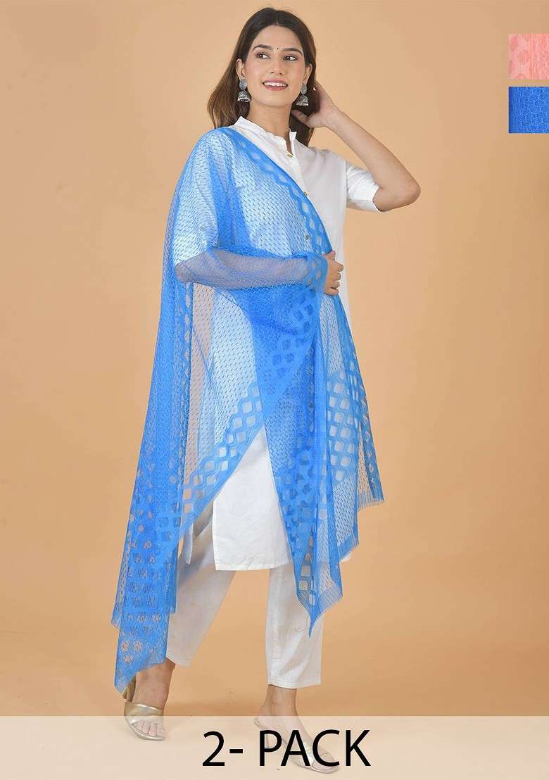 Blue Poly Blend Selection Of 2 Geometric Woven Design Dupattas - Indya