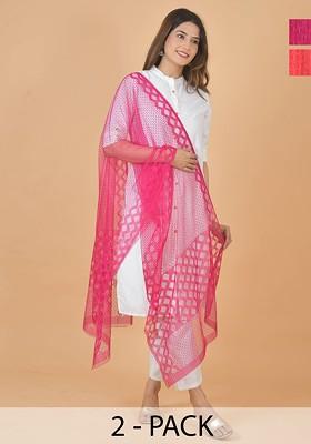 Pink Poly Blend Selection Of 2 Geometric Woven Design Dupatta