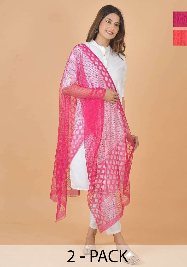 Pink Poly Blend Selection Of 2 Geometric Woven Design Dupatta - Indya