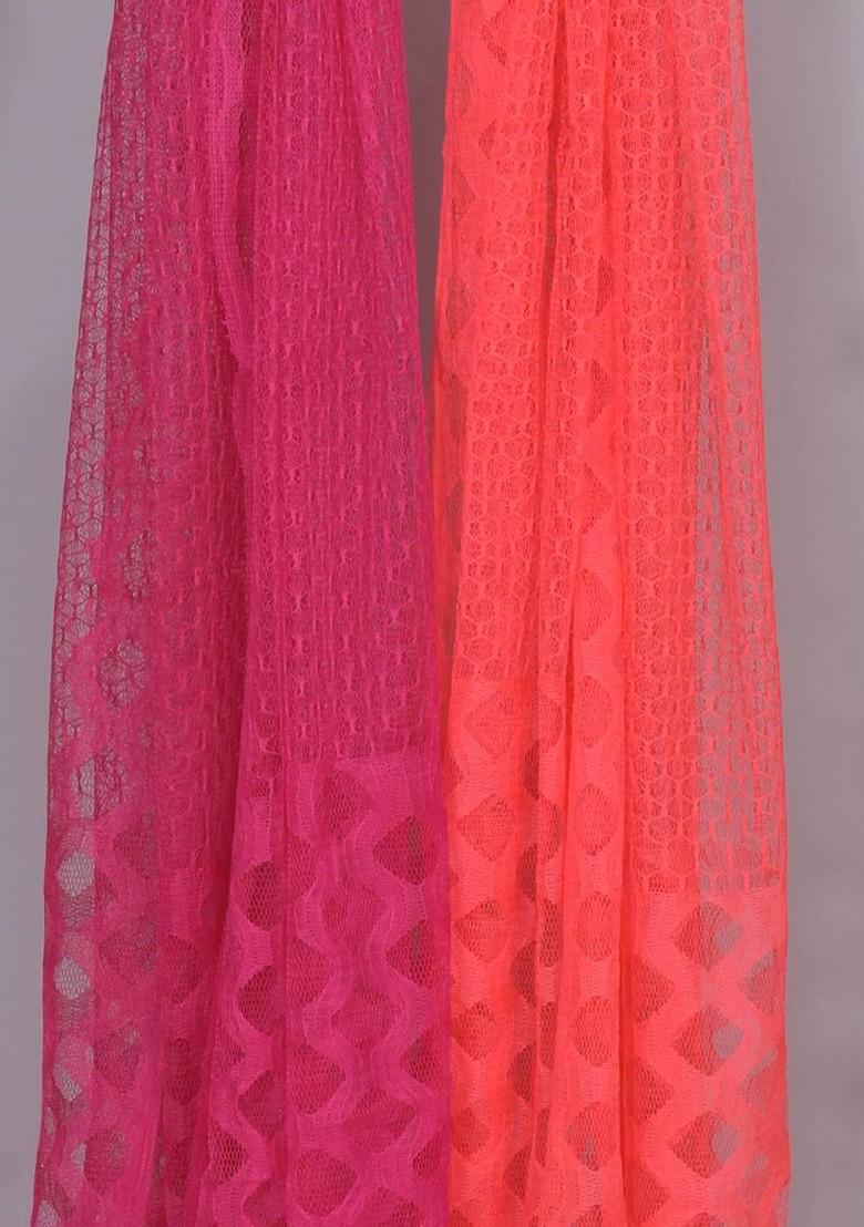 Pink Poly Blend Selection Of 2 Geometric Woven Design Dupatta