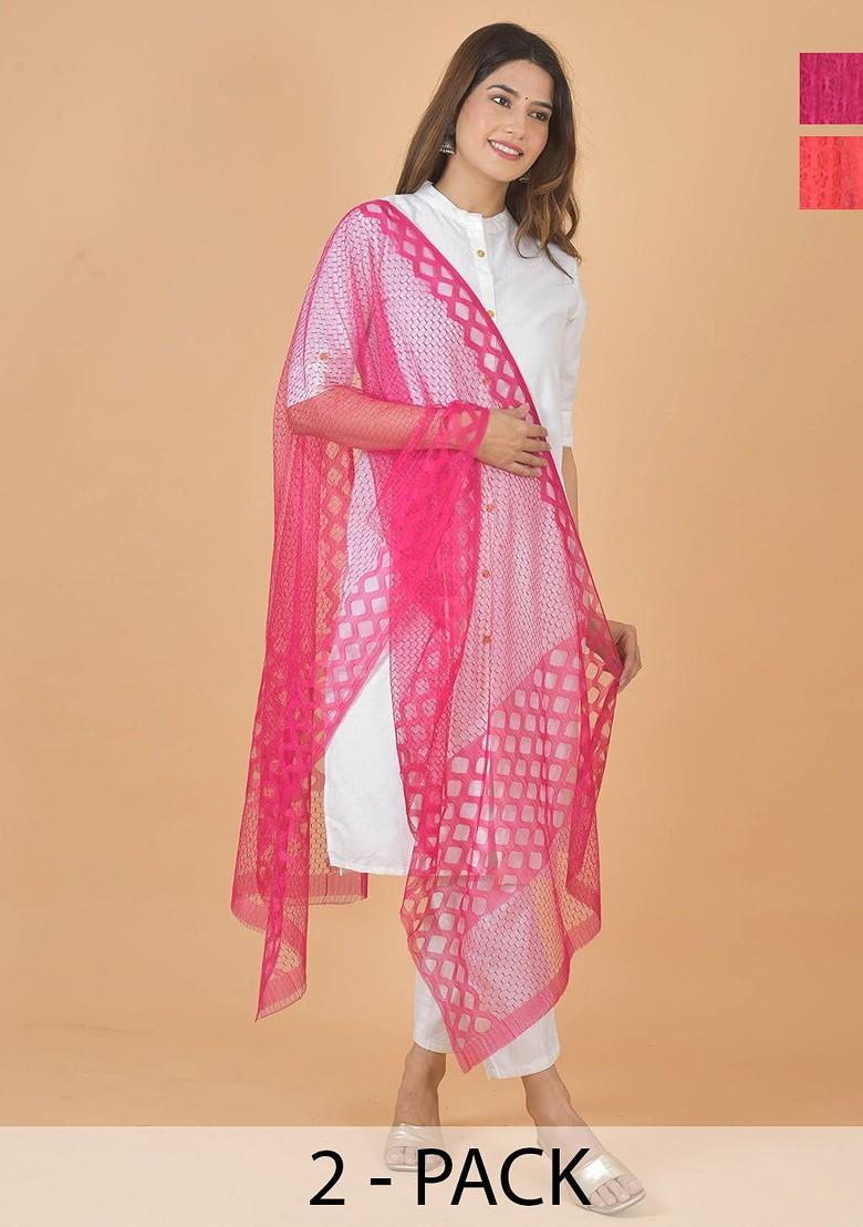 Pink Poly Blend Selection Of 2 Geometric Woven Design Dupatta