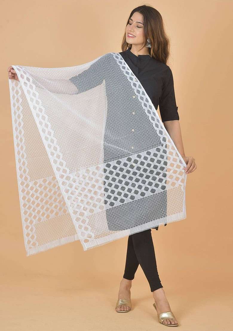 White Poly Blend Geometric Woven Design Dupatta - Indya