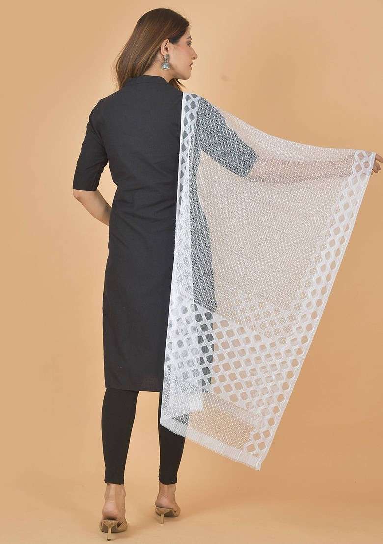 White Poly Blend Geometric Woven Design Dupatta - Indya