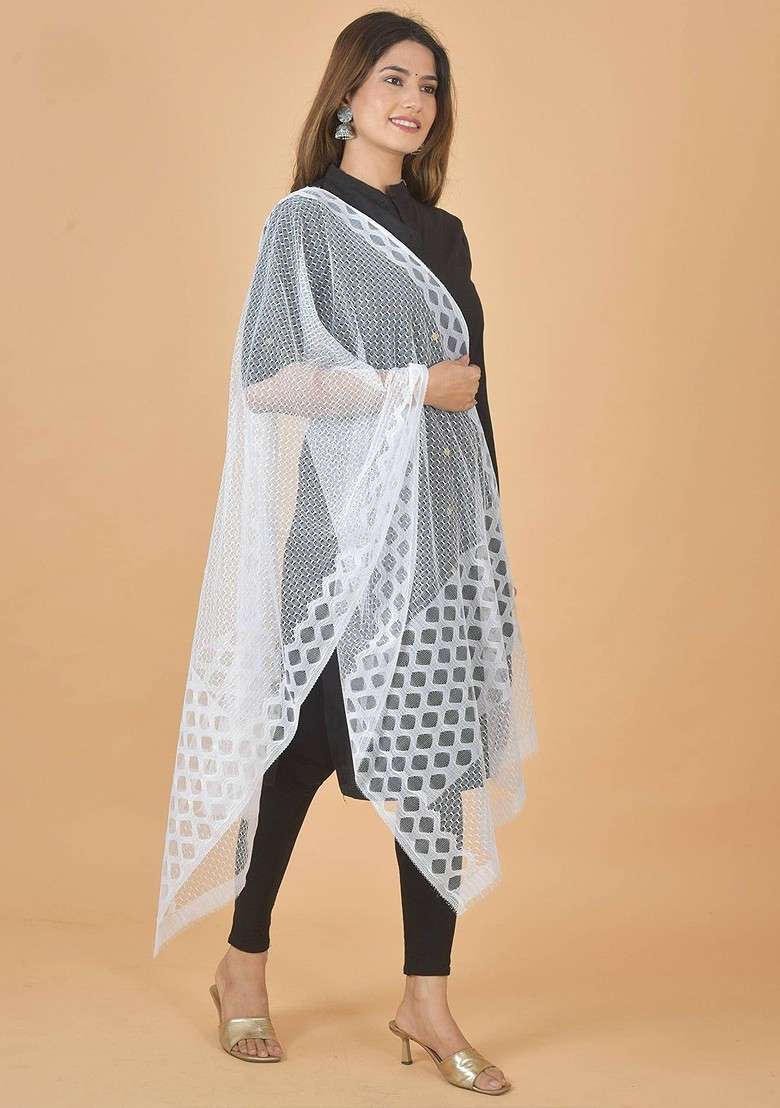 White Poly Blend Geometric Woven Design Dupatta - Indya