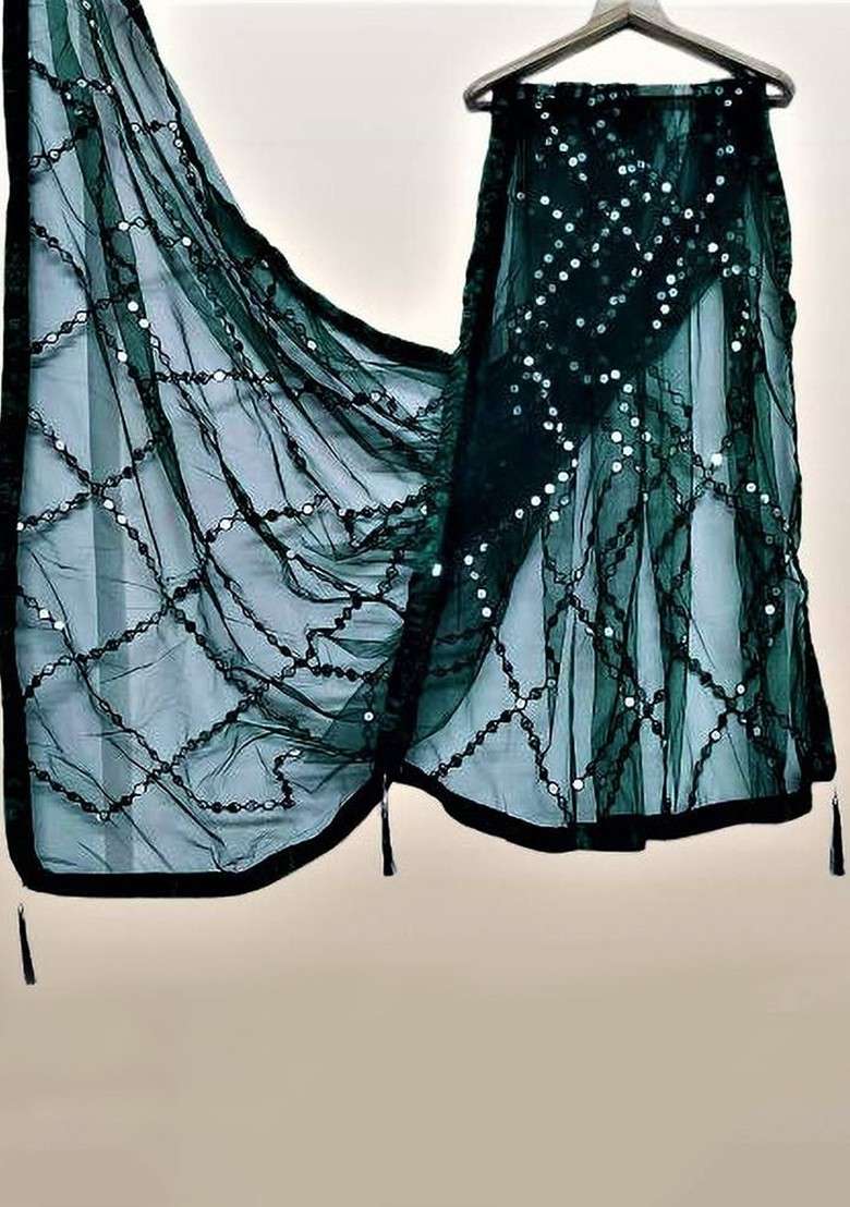 Green Poly Blend Ethnic Motifs Embroidered Net Sequinned Dupatta - Indya