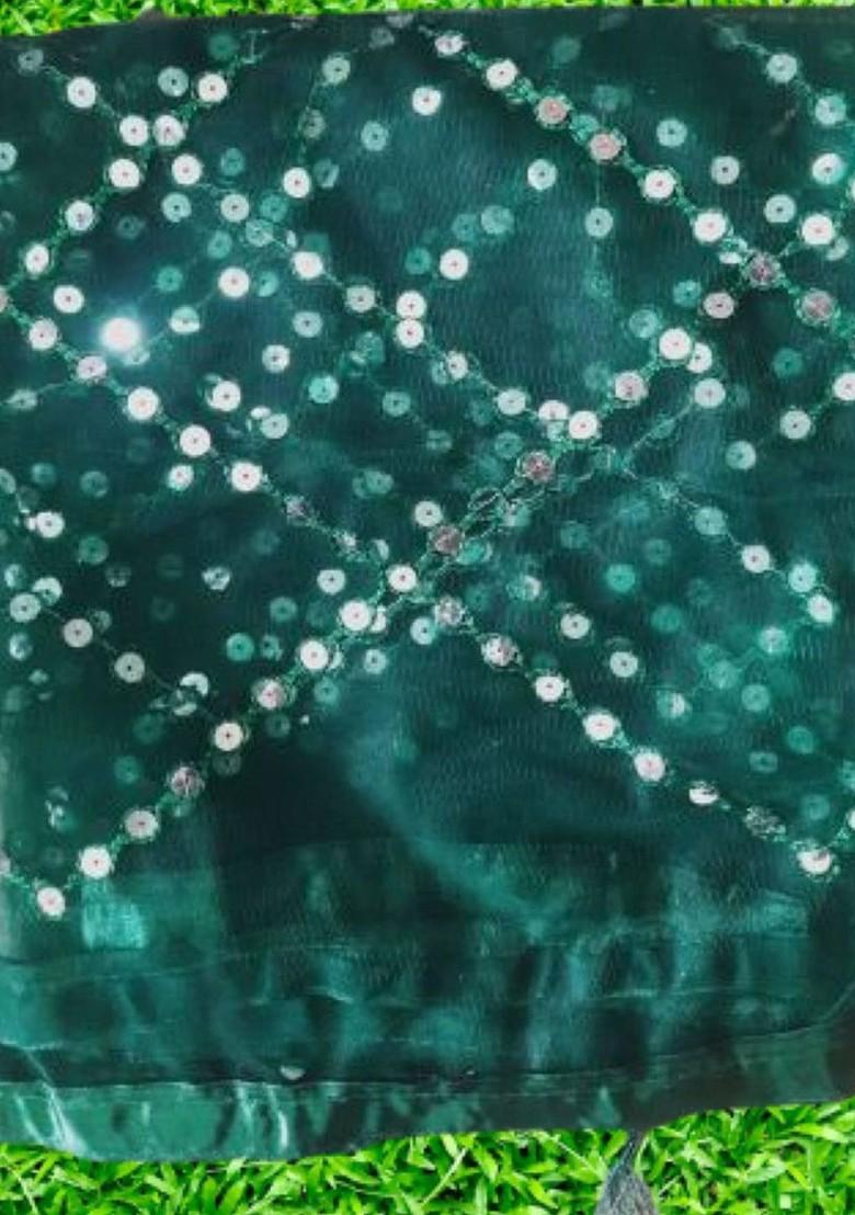 Green Poly Blend Ethnic Motifs Embroidered Net Sequinned Dupatta