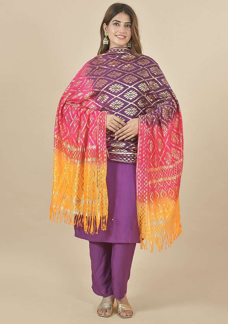 Purple Poly Blend Ethnic Motifs Woven Design Dupatta - Indya