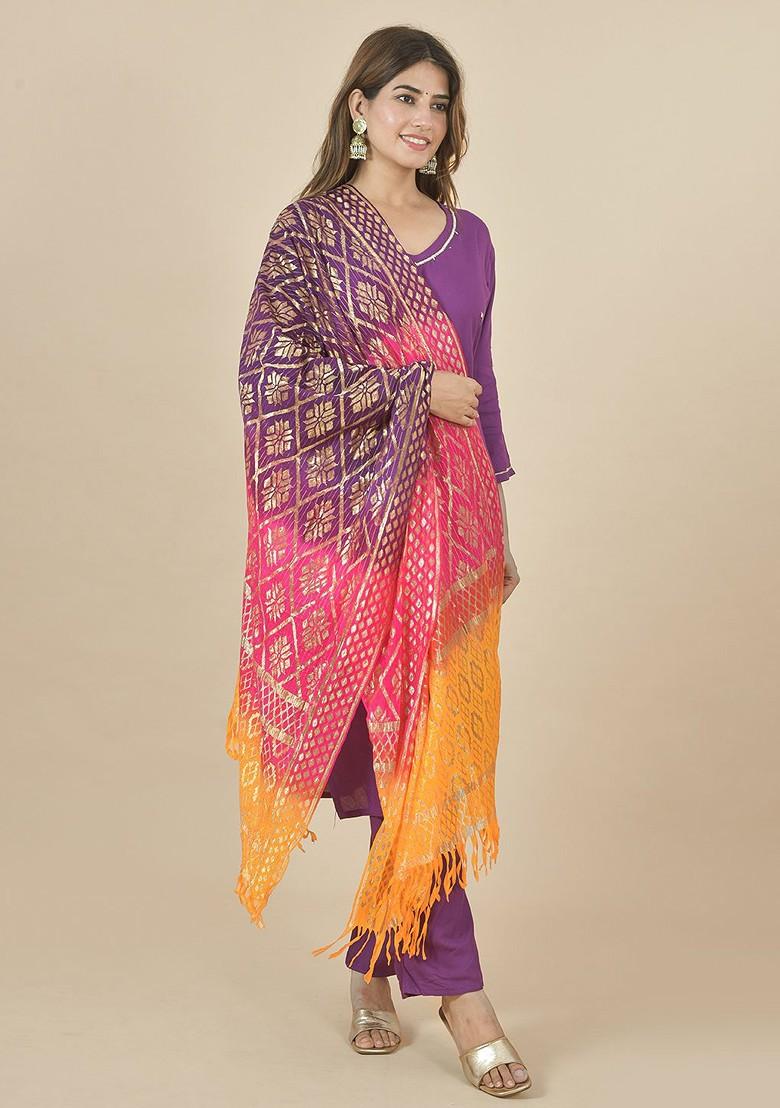 Purple Poly Blend Ethnic Motifs Woven Design Dupatta