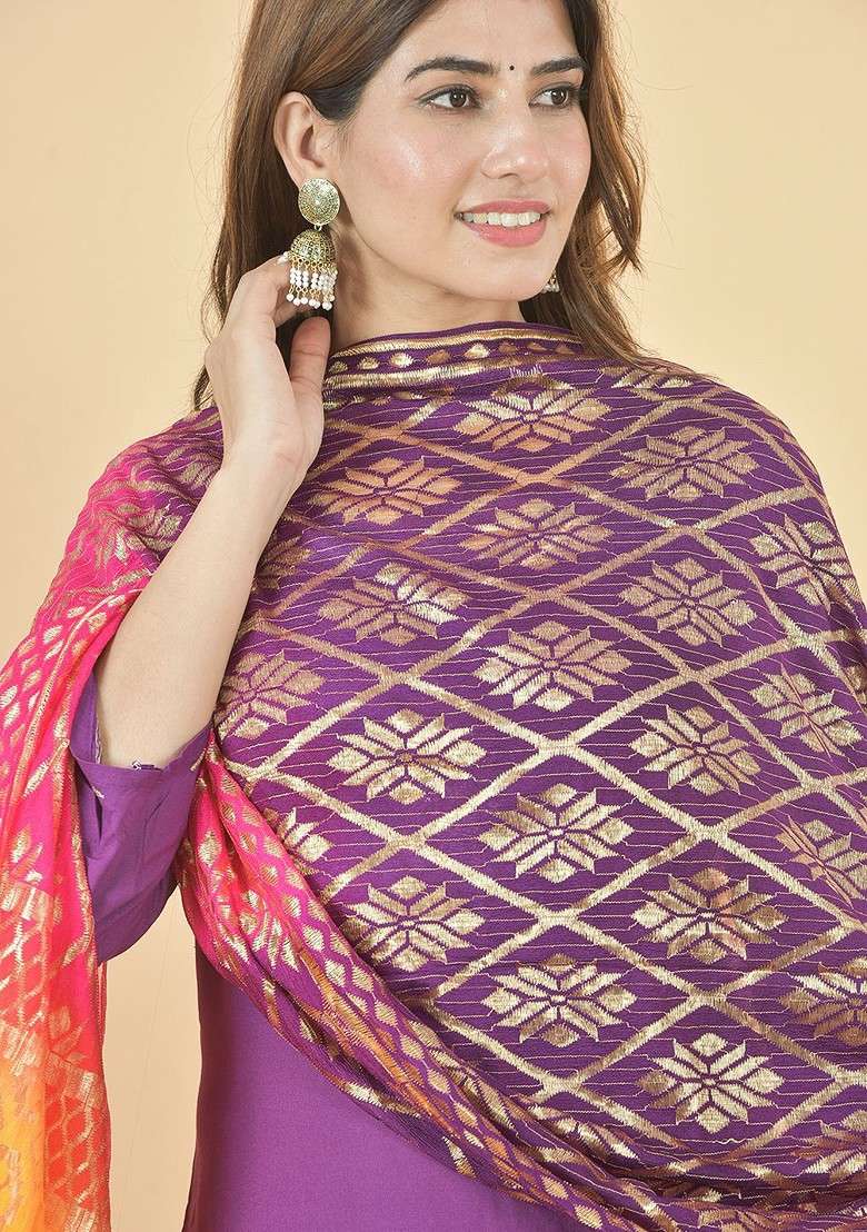 Purple Poly Blend Ethnic Motifs Woven Design Dupatta - Indya