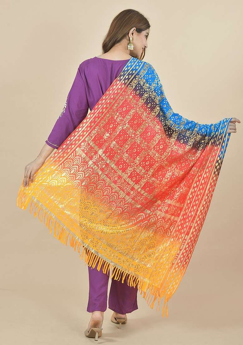 Yellow Poly Blend Bandhani Woven Design Block Print Dupatta - Indya