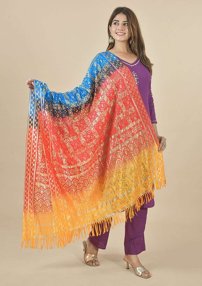 Yellow Poly Blend Bandhani Woven Design Block Print Dupatta - Indya