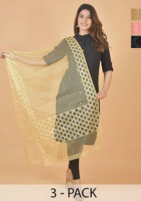 Beige Poly Blend Selection Of 3 Geometric Woven Design Dupattas