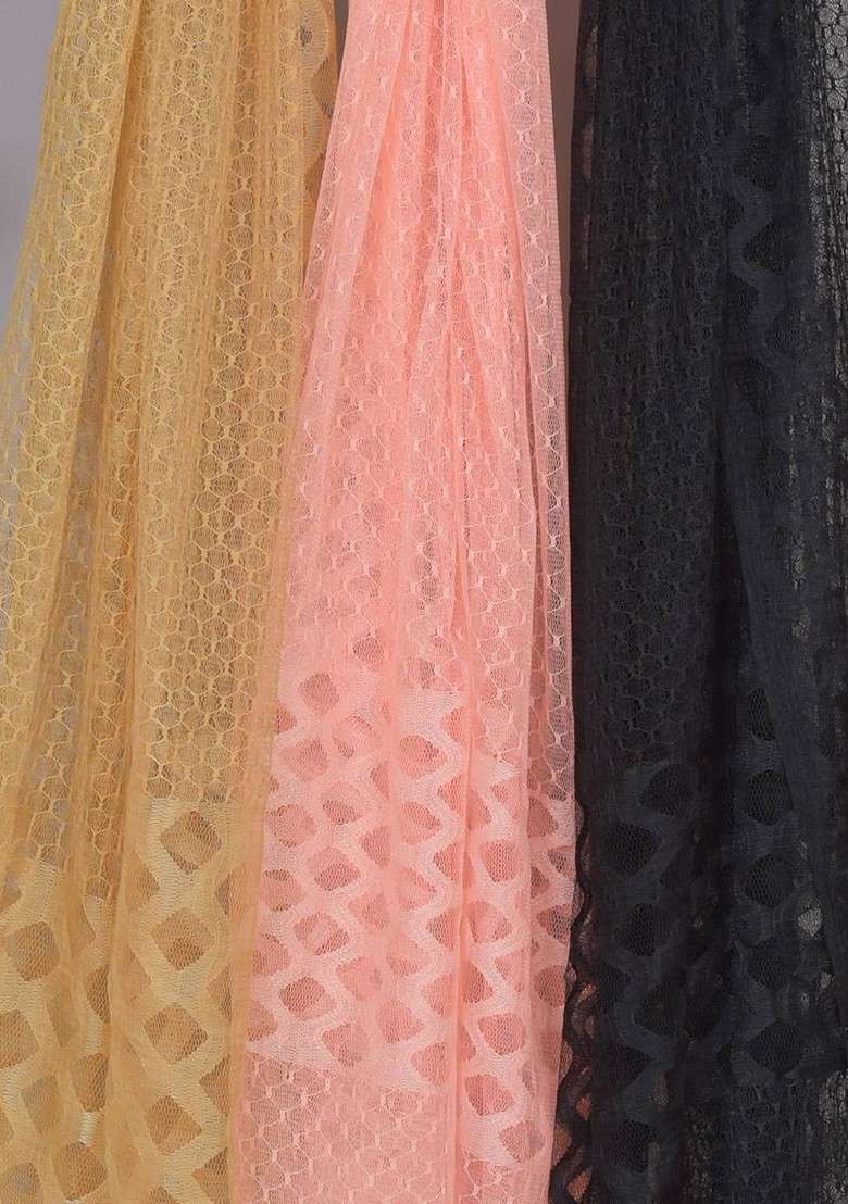 Beige Poly Blend Selection Of 3 Geometric Woven Design Dupattas - Indya