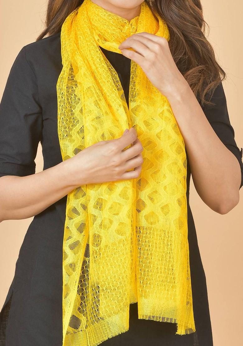 Yellow Poly Blend Geometric Woven Design Dupatta