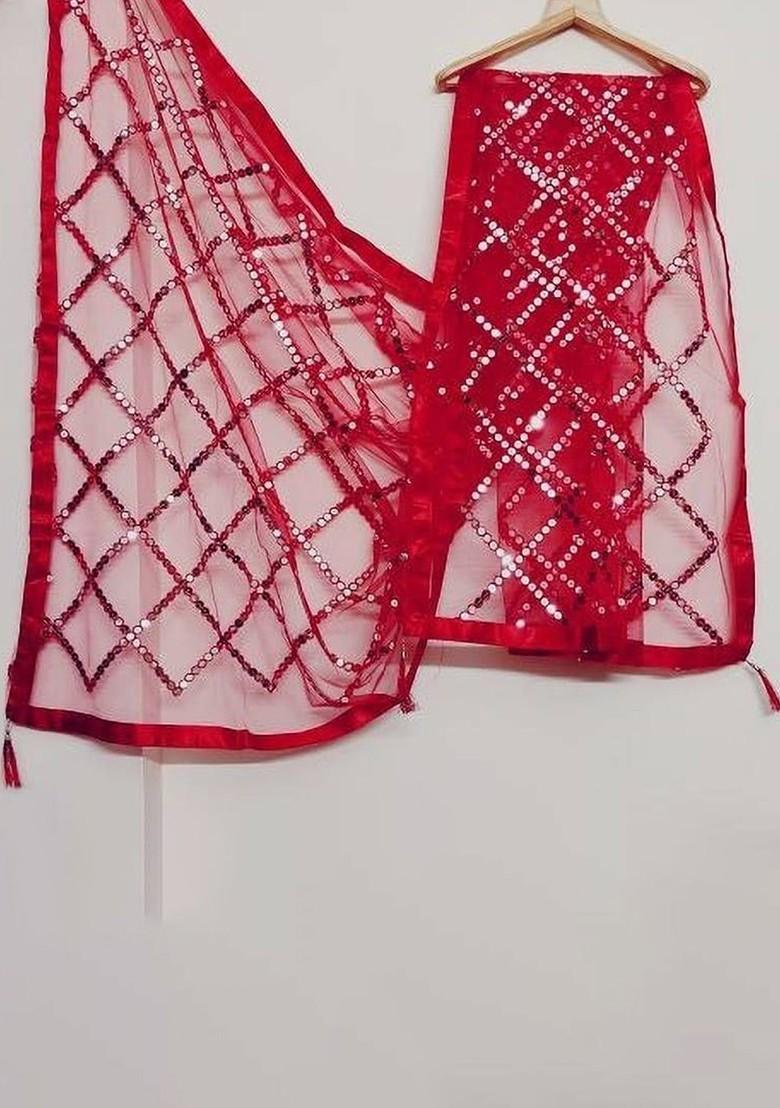 Pink Poly Blend Geometric Embroidered Sequinned Dupatta