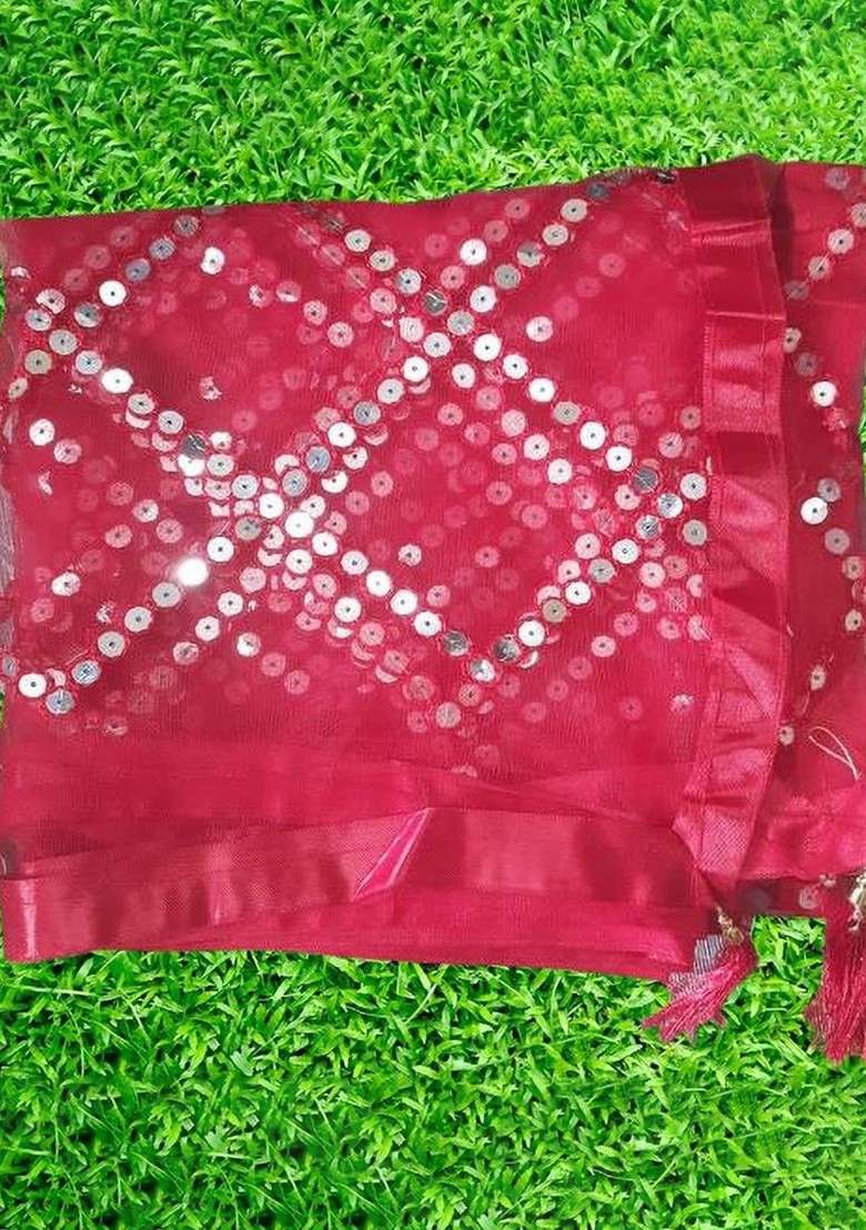 Pink Poly Blend Geometric Embroidered Sequinned Dupatta - Indya