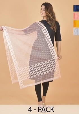 Blue Poly Blend Selection Of 4 Geometric Woven Design Dupatta