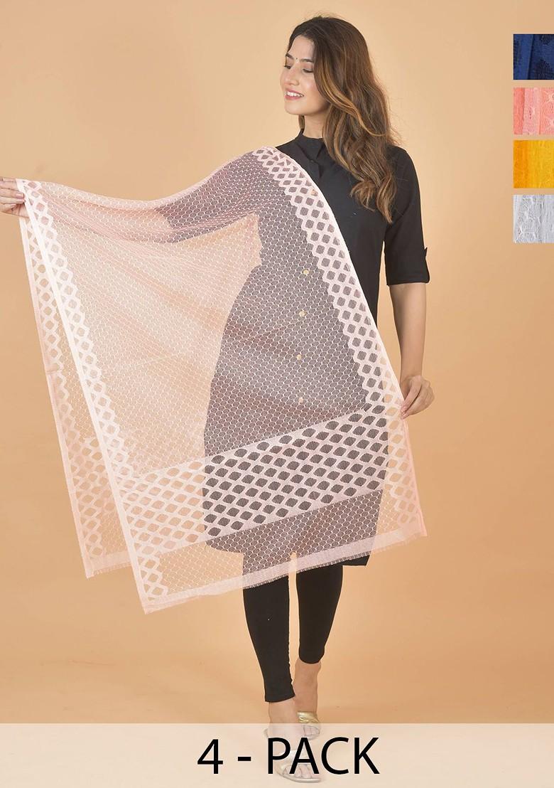 Blue Poly Blend Selection Of 4 Geometric Woven Design Dupatta