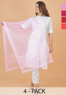 Pink Poly Blend Selection Of 4 Geometric Woven Design Dupattas
