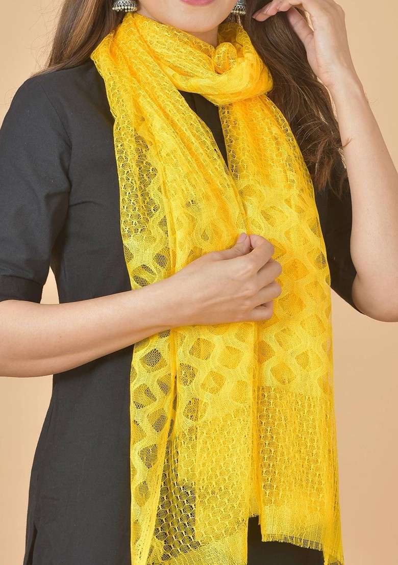 Yellow Poly Blend Selection Of 3 Geometric Woven Design Dupattas - Indya