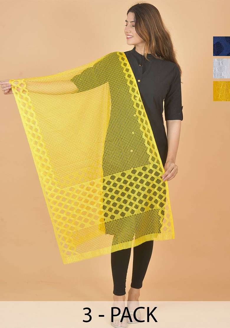 Yellow Poly Blend Selection Of 3 Geometric Woven Design Dupattas - Indya