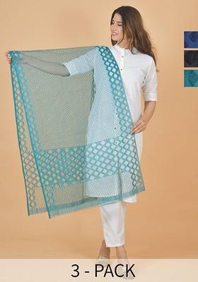 Blue Poly Blend Selection Of 2 Geometric Woven Design Dupatta