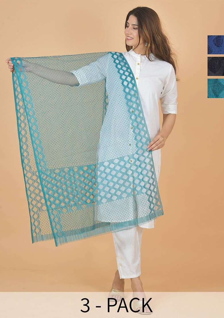 Blue Poly Blend Selection Of 2 Geometric Woven Design Dupatta - Indya