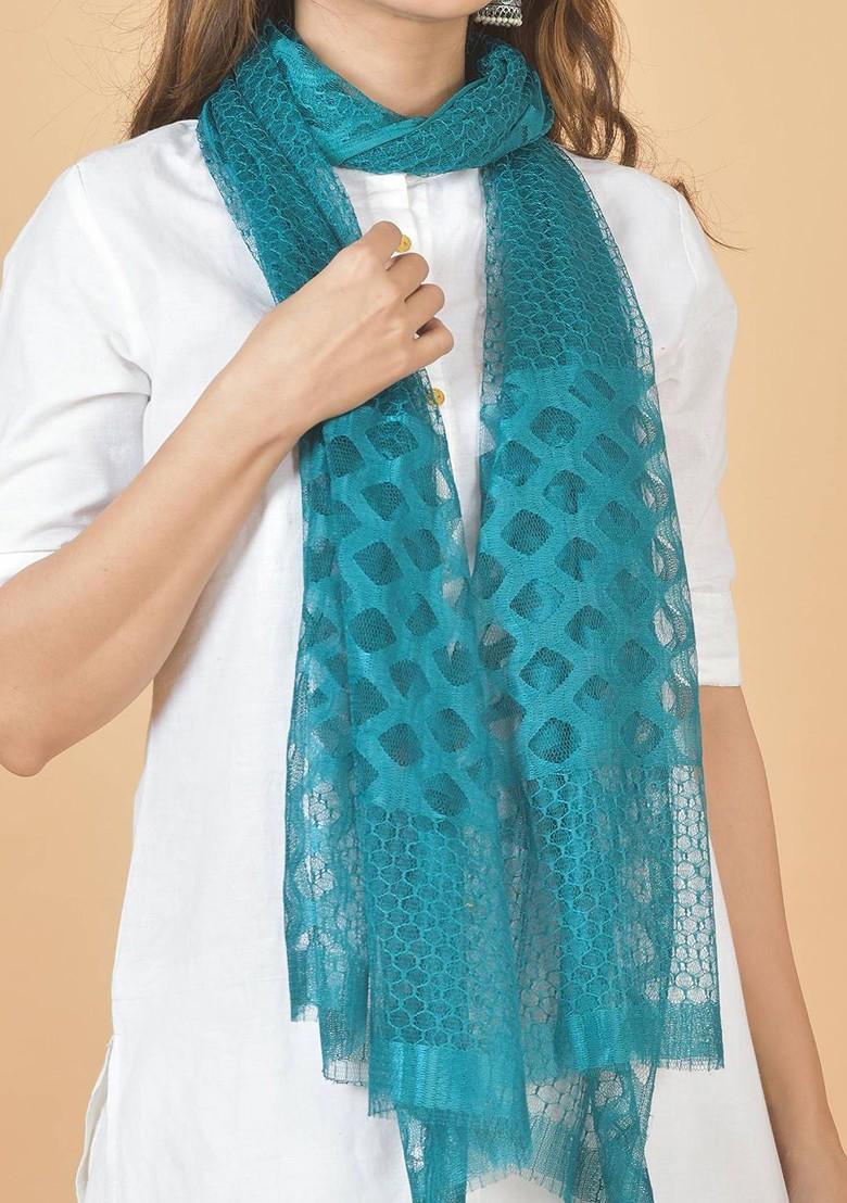 Blue Poly Blend Selection Of 2 Geometric Woven Design Dupatta