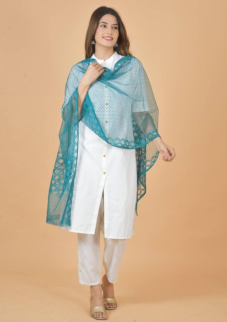 Blue Poly Blend Selection Of 2 Geometric Woven Design Dupatta