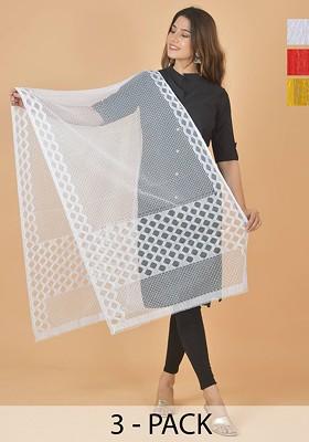 Yellow Poly Blend Selection Of 3 Geometric Woven Design Dupatta