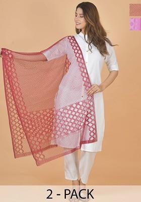 Pink Poly Blend Selection Of 2 Geometric Woven Design Dupatta