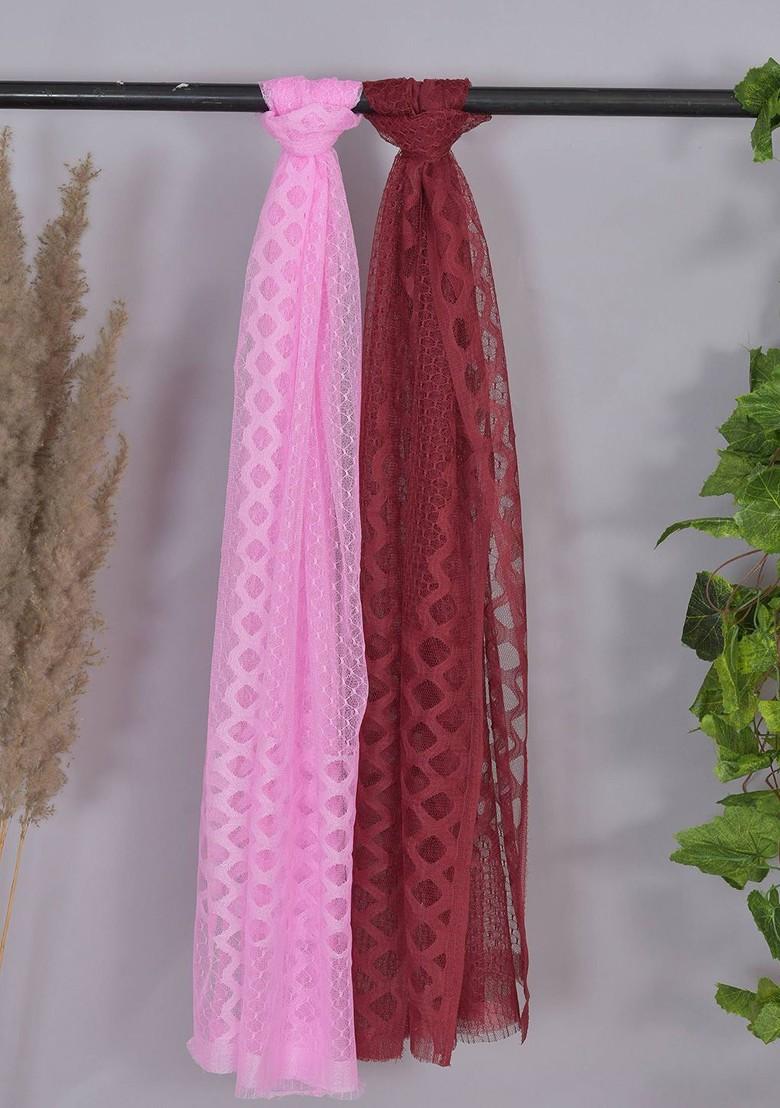 Pink Poly Blend Selection Of 2 Geometric Woven Design Dupatta