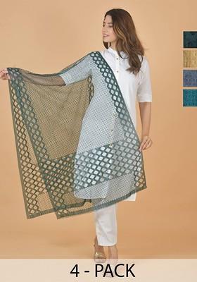 Green Poly Blend Selection Of 4 Geometric Woven Design Dupattas
