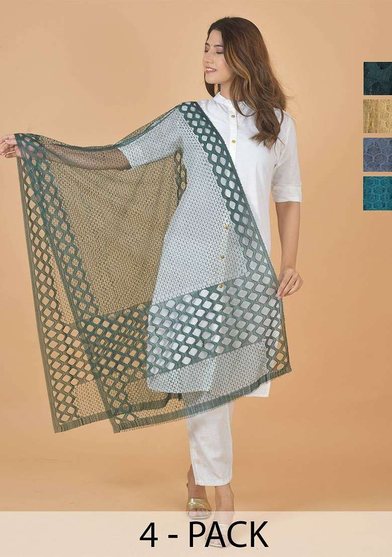 Green Poly Blend Selection Of 4 Geometric Woven Design Dupattas - Indya