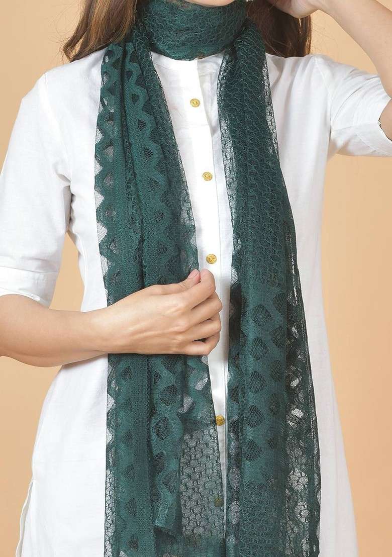 Green Poly Blend Selection Of 4 Geometric Woven Design Dupattas - Indya