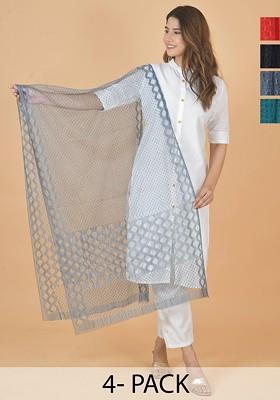 Red Poly Blend Selection Of 4 Geometric Woven Design Dupattas