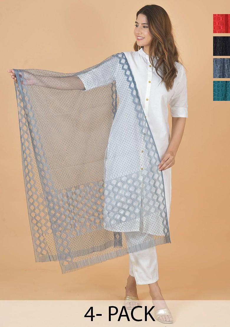 Red Poly Blend Selection Of 4 Geometric Woven Design Dupattas