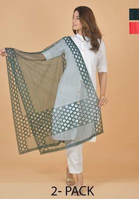 Green Poly Blend Selection Of 2 Geometric Woven Design Dupatta